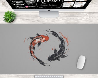 Yin Yang Koi Fisch Schreibtischmatte, Japanisches Koi Fisch Maus Pad, Yin Yang, schlicht, minimalistisch, Schwarz und Weiß, Graue Schreibtischmatte, Gaming Maus Pad