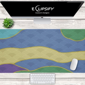 Wave Pattern Desk Mat, Waves Mouse Pad, Minimalist Mouse Pad, Beige, Blue, Japanese Waves, Large Desk Pad, Gaming Mouse Pad, Desk Decor