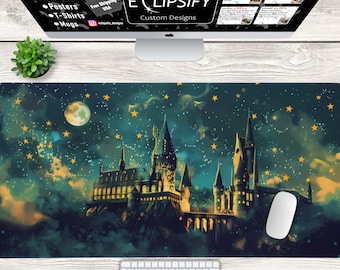 Zauberer Schloss Schreibtischmatte, Zauberer Schloss Maus Pad, Mond, Gelbe Sterne, Nachthimmel, RTG, MTG Spielmatte, Zauberwelt, Gaming Maus Pad