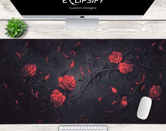 Roses Mouse Pad, Floral Desk Mat, Flower Lovers, Rose Thorns Desk Mat, Red Flower, Gaming Mouse Pad, Gaming Desk Mat