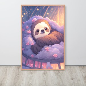 Cartel de perezoso, cartel de perezoso Lofi y flor de cerezo, perezoso lindo, cartel rosa, cartel de Lofi, impresión Kawaii, arte Lofi, relajante, arte rosa