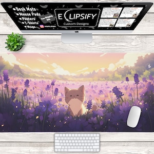 Cat Purple Mouse Pad, Cat, Kawaii Desk Mat, Cute Desk Mat, Purple Mouse Pad, Lavender, Forest, Cute Animals, Gamer Mouse Pad, Gamer Desk Mat