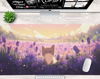 Tapis de souris chat violet, chat, tapis de bureau kawaii, joli tapis de bureau, tapis de souris violet, lavande, forêt, animaux mignons, tapis de souris gamer, tapis de bureau gamer