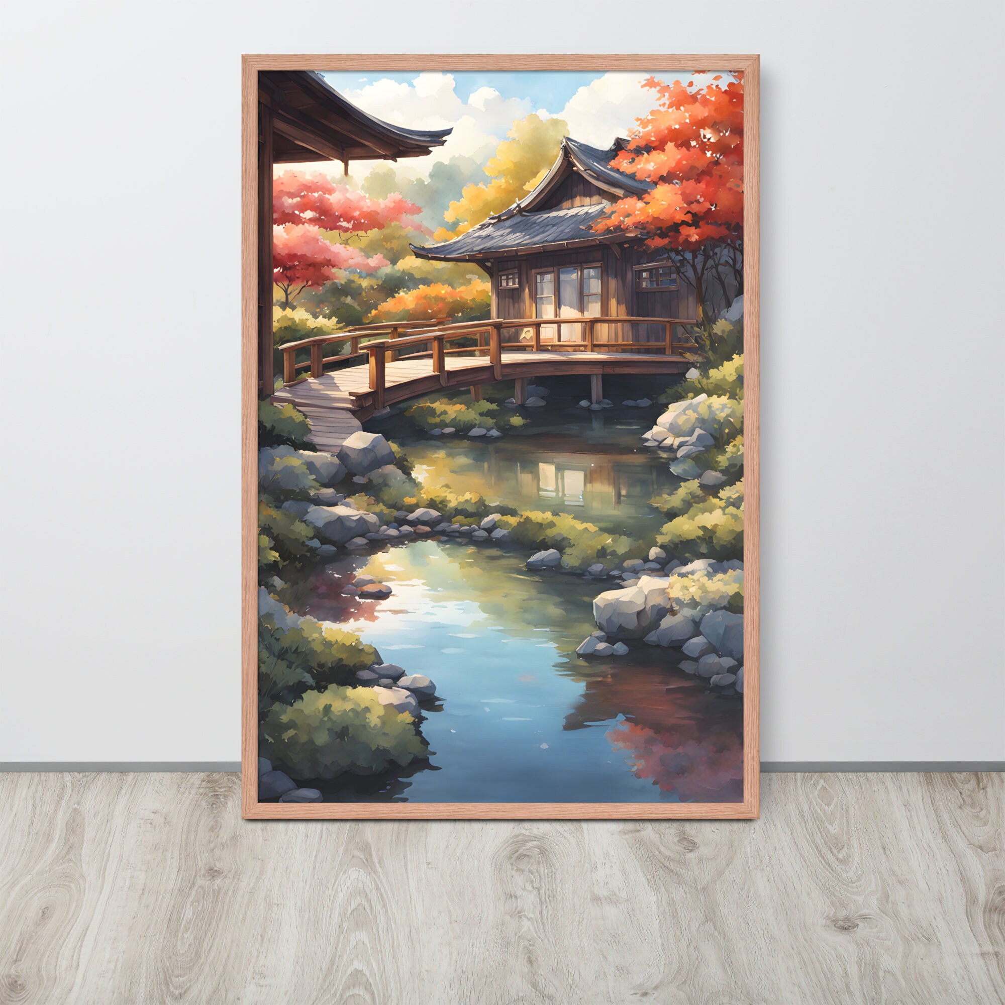 Cartel de anime zen, cartel japonés, cartel de Lofi, estética calmante y relajante, arte de pared de Lofi, cartel de Kawaii, cartel de estanque Koi, arte de Lofi