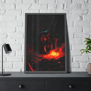 May include: A digital illustration of a knight in black armor sitting by a campfire in a dark forest. The knight is holding a sword and the fire is glowing brightly.