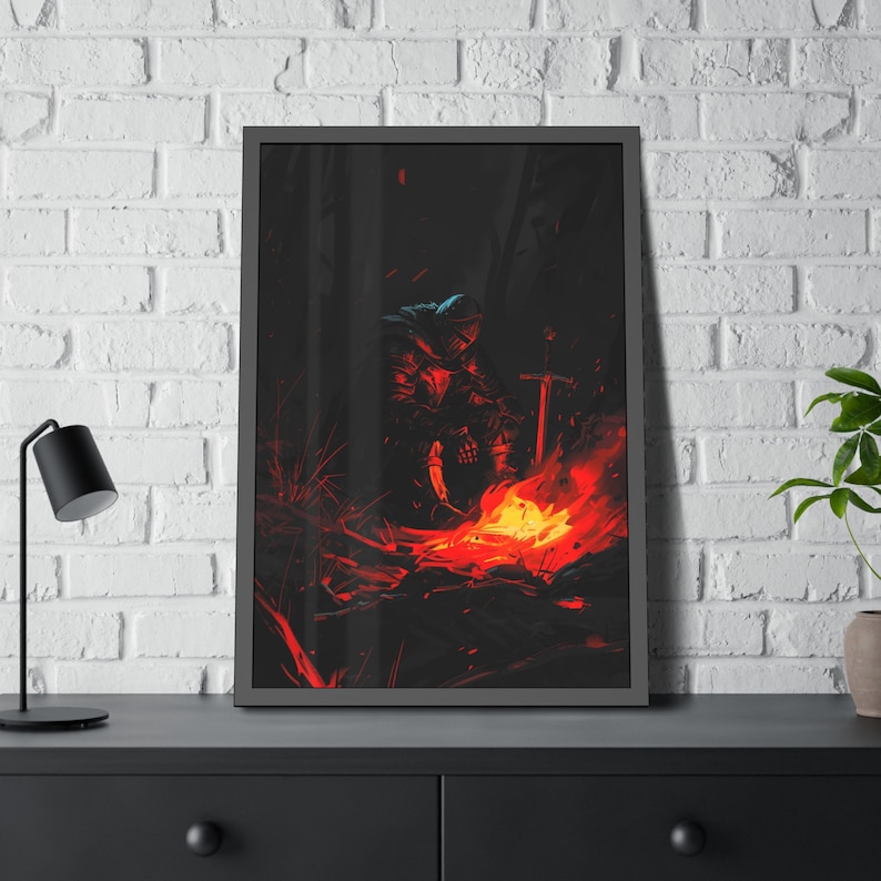 May include: A digital illustration of a knight in black armor sitting by a campfire in a dark forest. The knight is holding a sword and the fire is glowing brightly.