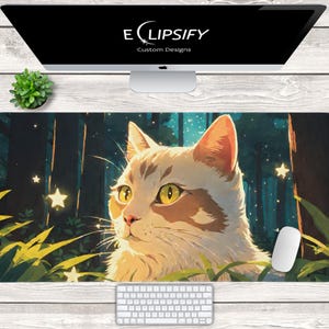 Katze Mauspad, Katzen Schreibtischmatte, Kawaii Mauspad, Anime Schreibtischmatte, Sterne, Wald, Gaming Mauspad, Gaming Schreibtischmatte