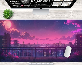 Tokyo City musmatta, lila stadsskrivbordsmatta, Tokyo Street skrivbordsmatta, Neon City, Vaporwave, Gamingmusmatta, lofi lekmatta, söt musmatta