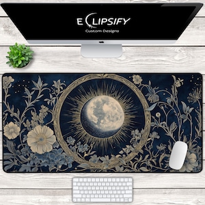Tapete de escritorio celestial, fases lunares, estética de bruja Art Nouveau, Academia azul oscuro, alfombrilla de ratón estilo cottagecore, tapete de escritorio con flores