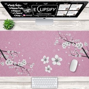 Kersenbloesem bureaumat, roze kawaii bureaumat, bureaumat met schattige bloemen, kawaii Japanse muismat, gamer girl muismat, bloem muismat
