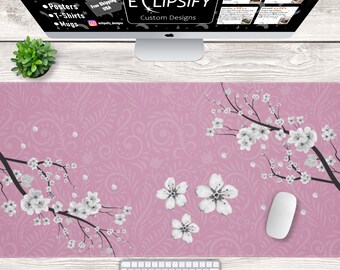 Cherry Blossom Desk Mat, Pink Kawaii Desk Mat, Cute Floral Desk Mat, Kawaii Japanese Mouse Pad, Gamer Girl Mouse Pad, Flower Mouse Pad