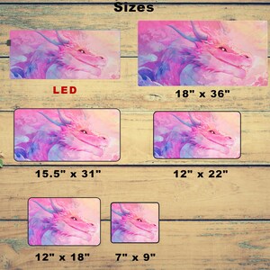 May include: Five different sizes of pink and purple dragon mousepads with a watercolor effect. The sizes are LED, 18 inches by 36 inches, 15.5 inches by 31 inches, 12 inches by 22 inches, 12 inches by 18 inches, and 7 inches by 9 inches.