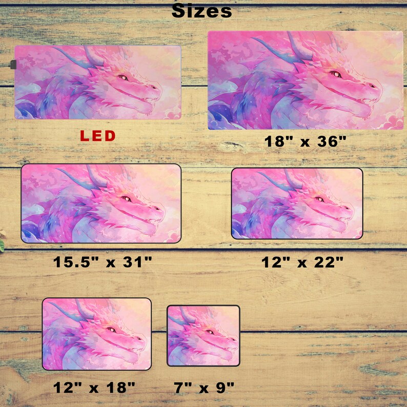 May include: Five different sizes of pink and purple dragon mousepads with a watercolor effect. The sizes are LED, 18 inches by 36 inches, 15.5 inches by 31 inches, 12 inches by 22 inches, 12 inches by 18 inches, and 7 inches by 9 inches.
