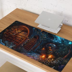 May include: A fantasy-themed gaming mouse pad with a dark blue and green background. The image features a stone pathway leading to a set of stairs, surrounded by bookshelves and glowing candles.