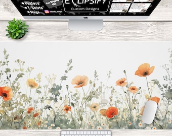 Orange Wildflower Floral Desk Mat, Gaming Mouse Pad, Cottagecore Mousepad, Keyboard Mouse Mat Desk Pad for Work Game Office Home XL