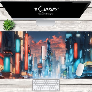 Cyberpunk City Schreibtischunterlage, Retro Steamwave City Schreibtischunterlage, Neon City, Gaming Maus Pad, Gaming Schreibtischmatte