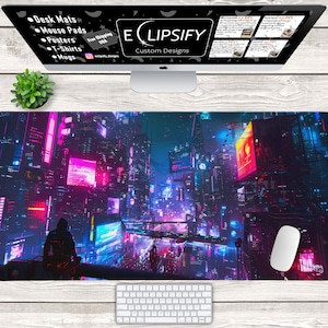 Cyberpunk Neon LED Mouse pad, Cyberpunk Desk Mat, Retro Vapor Wave, Gaming Mouse Pad, Video Game, Vibrant Aesthetic RGB