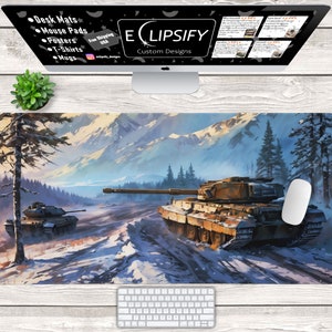 May include: A digital illustration of two military tanks driving through a snowy mountain landscape. The tanks are brown and green with camouflage patterns. The mountains are in the background and are covered in snow. The sky is blue and cloudy.