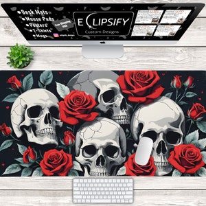 Schädel und Rosen Schreibtischmatte, Schädel und Rosen Mauspad, rotes Mauspad, lila Schreibtischmatte, Totenkopf, Blume, Gaming-Mauspad, Gaming Schreibtischmatte