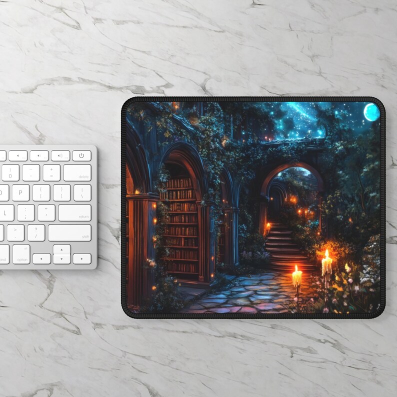 May include: A fantasy-themed mousepad with a dark blue and green color scheme. The image depicts a stone archway leading to a staircase with a bookshelf on the left side. The scene is lit by candles and a full moon in the night sky.