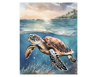 ウミガメの水彩画アートプリント、カメの絵画の壁アート装飾