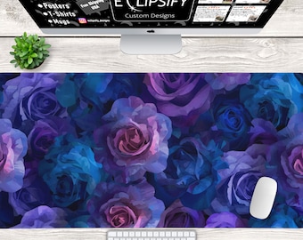 Purple Flower Desk Mat, Kawaii Blue Mouse Pad, Cute Floral Desk Mat, Gamer Girl Mouse Pad, Purple And Blue, Flower Mouse Pad