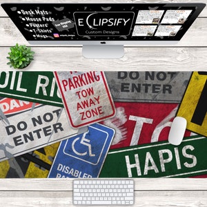 Peut inclure: Un tapis de souris coloré avec un aspect vieilli et vintage. Il présente divers panneaux de signalisation routière avec des textes tels que "Parking Tow Away Zone", "Do Not Enter" et "Hapsis".