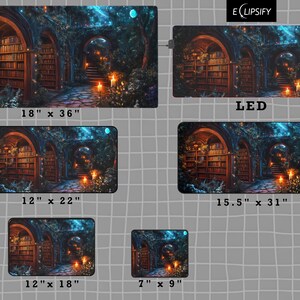 May include: A set of five different sized mousepads featuring a fantasy illustration of a magical library with glowing lights and a starry night sky. The mousepads are available in sizes 18x36 inches, 12x22 inches, 15.5x31 inches, 12x18 inches, and 7x9 inches.