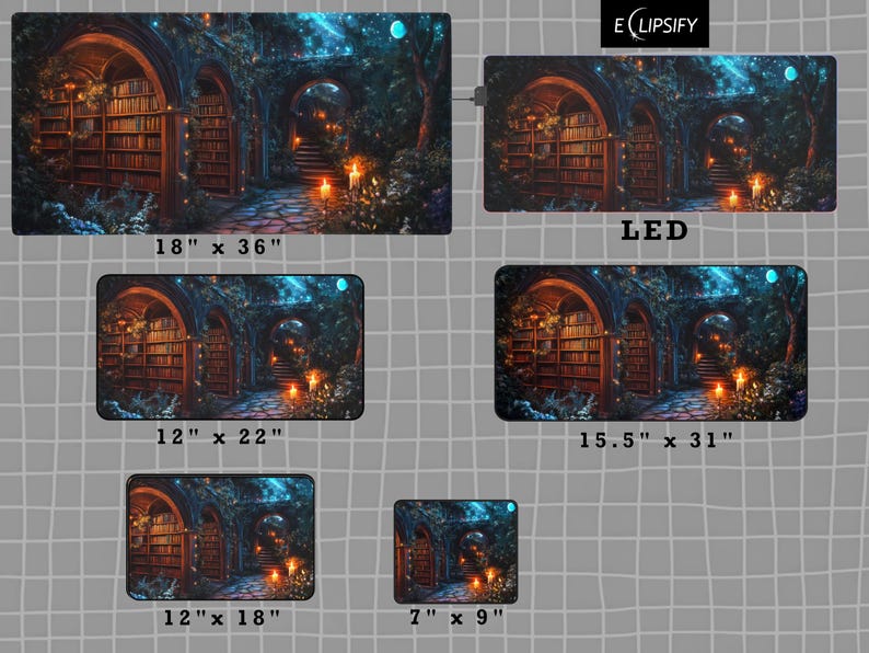 May include: A set of five different sized mousepads featuring a fantasy illustration of a magical library with glowing lights and a starry night sky. The mousepads are available in sizes 18x36 inches, 12x22 inches, 15.5x31 inches, 12x18 inches, and 7x9 inches.