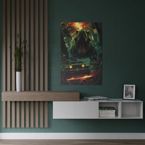 May include: A green Tyrannosaurus Rex dinosaur roars at a jeep driving through a jungle. The dinosaur is in the foreground and the jeep is in the background. The image is a digital illustration.