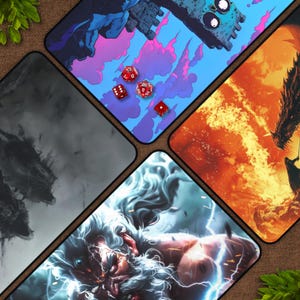 May include: A collage of five different images, each with a unique theme. The top image features a blue and purple sky with pink clouds and a floating castle. The image to the right features a fiery orange dragon with flames. The image to the left features a dark gray image of a ship. The bottom image features a white and blue image of a man with a beard and lightning bolts. The image in the center features a blue and purple sky with pink clouds and dice.