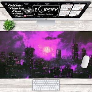 Purple Cyber Punk Mouse Pad, Minimalist Desk Mat, Cityscape Mouse Pad, Gaming Desk Mat, Gaming Mouse Pad, Retro, RGB LED