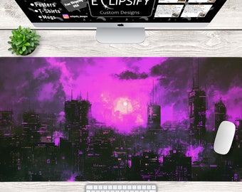 Tapis de souris cyber punk violet, tapis de bureau minimaliste, tapis de souris paysage urbain, tapis de bureau gaming, tapis de souris gaming, rétro, LED RVB
