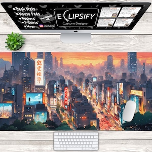 Pixel Art Cyberpunk City Japan Desk Mat, Tokyo Mousepad, Japanese Desk Mat, Colorful, Gaming Mouse Pad 3 Sizes