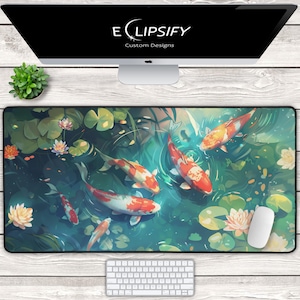 Tappetino da scrivania con pesce koi kawaii, tappetino per mouse con simpatico pesce koi giapponese, tappetino per mouse con motivo floreale, tappetino da scrivania con motivo botanico, Yin Yang, tappetino per mouse da gioco