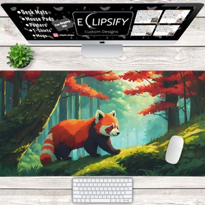 May include: A red panda walks through a lush green forest with red and orange leaves on the trees. The forest floor is covered in green grass and leaves. The red panda is walking towards the right side of the image.