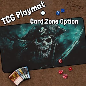 Tapete de jogo TCG de caveira pirata, navio pirata, tapete de jogo MTG pirata com zonas, tapete de jogo de quadrinhos, presentes para jogadores, jogo de tabuleiro