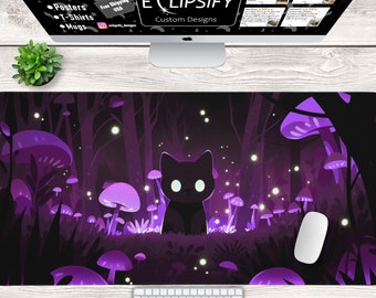Black Cat Mouse Pad, Kawaii, Cute Cat, Purple, Pink Cottage Core Desk Mat, Mushroom Core, Cute Desk Mat, Gamer Mouse Pad, Play Mat