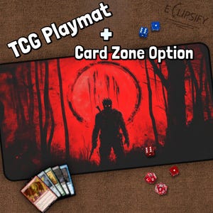 May include: A red and black gaming playmat with a silhouette of a figure in a forest. The playmat has a red circle with a white outline and the text "TCG Playmat + Card Zone Option".