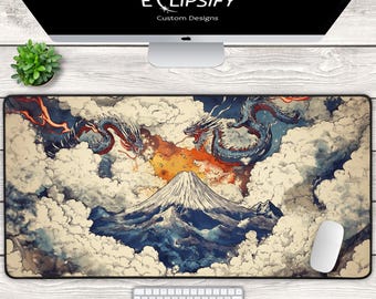 Dragon Clouds Mountain-muismat, bureaumat Japanse stijl, grote gaming-muismat, blauwe muismat
