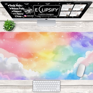 Leuke wolkenpastel regenboogmuismat, roze bureaumat, schattige pastelkleurige bureaumat, leuke wolkenbureaumat, gamingmuismat, bureaudecor