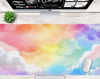 Cute Cloud Pastel Rainbow Mouse Pad, Pink Desk Mat, Cute Pastel Desk Mat, Cute Cloud Desk Mat, Gaming Mouse Pad, Desk Decor
