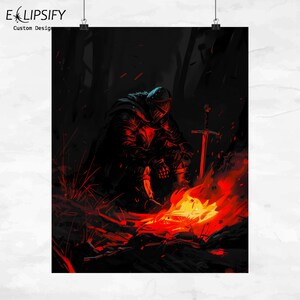 May include: A black and red digital painting of a knight in armor sitting by a campfire in a dark forest. The knight is holding a sword and is looking down at the fire. The fire is bright orange and red and is casting shadows on the knight and the forest.