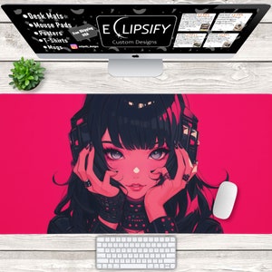 Anime Girl Desk Mat, Cute Anime Girl Mouse Pad, Pink Minimalist Desk Pad, CyberPunk Girl, Lo Fi, XL, Fantasy Playmat, Gaming Mouse Pad