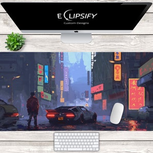 May include: A digital art print of a futuristic city street scene with a red car driving through the rain. The street is lined with tall buildings with neon signs in Japanese characters. A person in a red jacket is walking on the sidewalk.