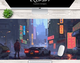 Pixel Art Car Cyberpunk City Japan Desk Mat, Tokyo Mousepad, Japanese Desk Mat, Colorful, Gaming Mouse Pad