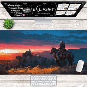 May include: A colorful sunset over a western town with a cowboy riding a brown horse. The cowboy is wearing a brown hat and a brown jacket. The town is in the distance and there are mountains in the background.