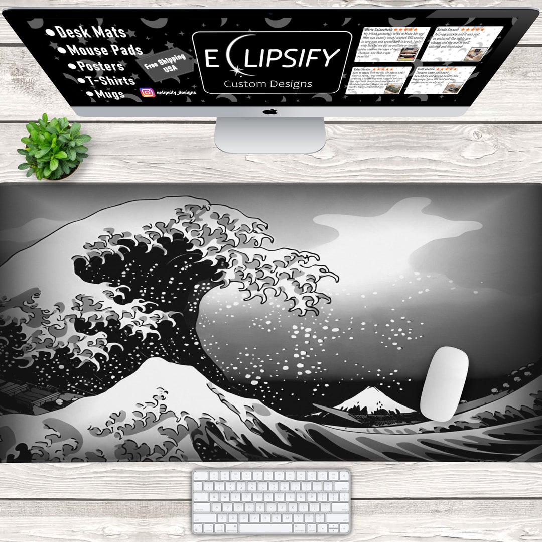 Great Wave off Kanagawa Mat Black and White, Japanese Mousepad