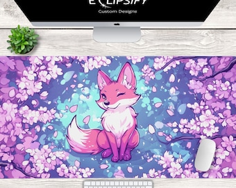 Kawaii Fox Desk Mat, Anime Fox Mouse Pad, Cute Mouse Pad, Pink Cherry Blossom Deskpad, Pink Pad Mat, Desk Accessories, Kawaii Desk Decor