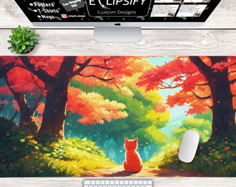 Tappetino per mouse a forma di gatto arancione, tappetino da scrivania kawaii, tappetino da scrivania a forma di gatto, tappetino per mouse a forma di animale, foresta, tappetino per mouse da gamer, tappetino da scrivania da gamer